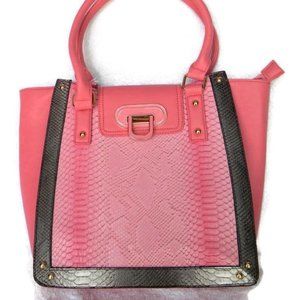Snake Skin Accented Center Clip On Top Handbag
